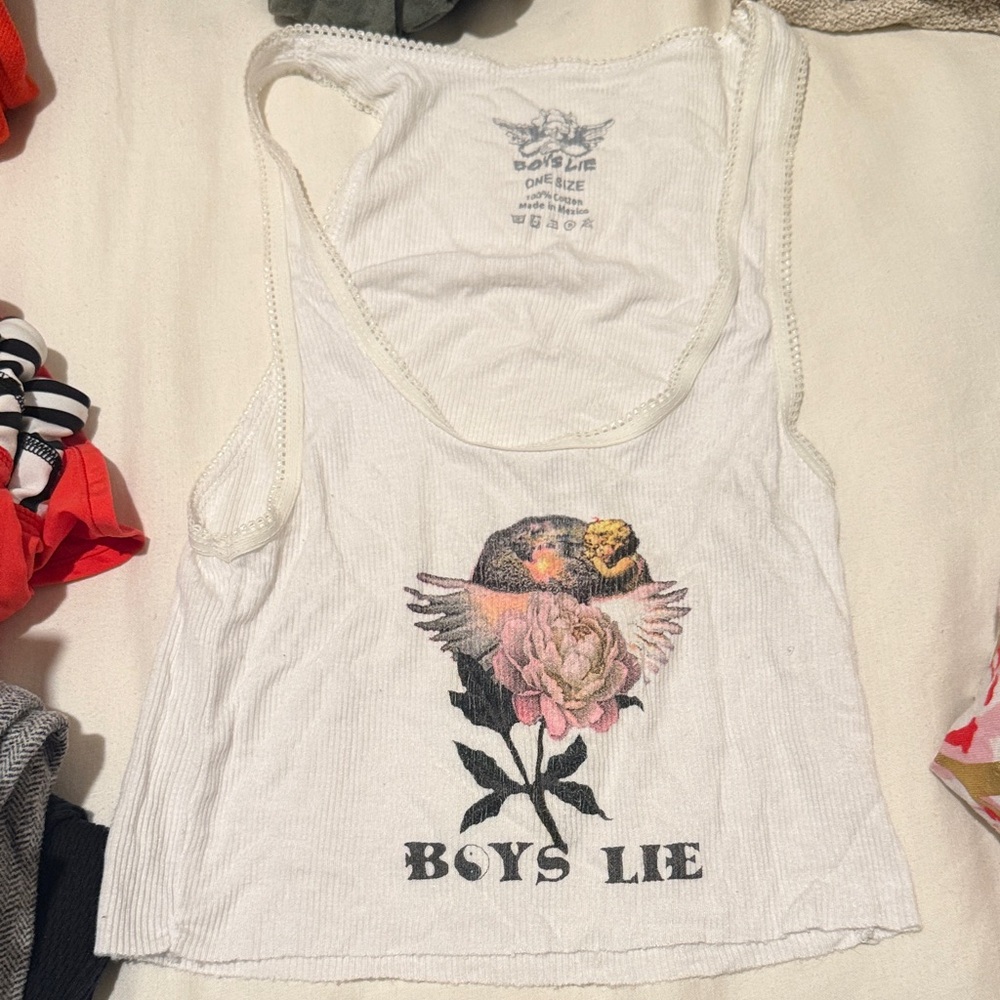 Boys Lie White Tank Top with Pink Floral & Brown Bird Graphic